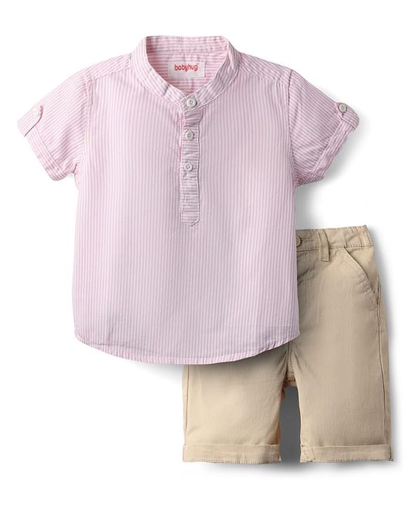 Babyhug Cotton Woven Half Sleeves Striped Kurta Shirt & Shorts Set - Pink & Beige