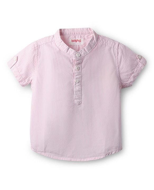 Babyhug Cotton Woven Half Sleeves Striped Kurta Shirt & Shorts Set - Pink & Beige