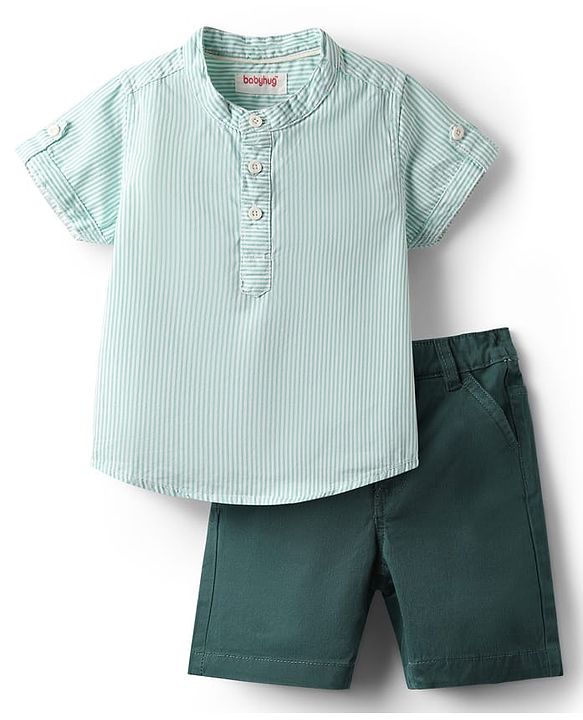 Babyhug Cotton Woven Half Sleeves Mandarin Collar Striped Shirt & Shorts Set - Green