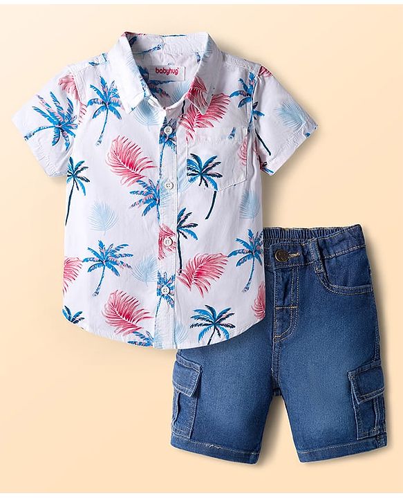 Babyhug Cotton Woven Half Sleeves Front-Open Shirt & Shorts Set with Floral Print - White & Blue