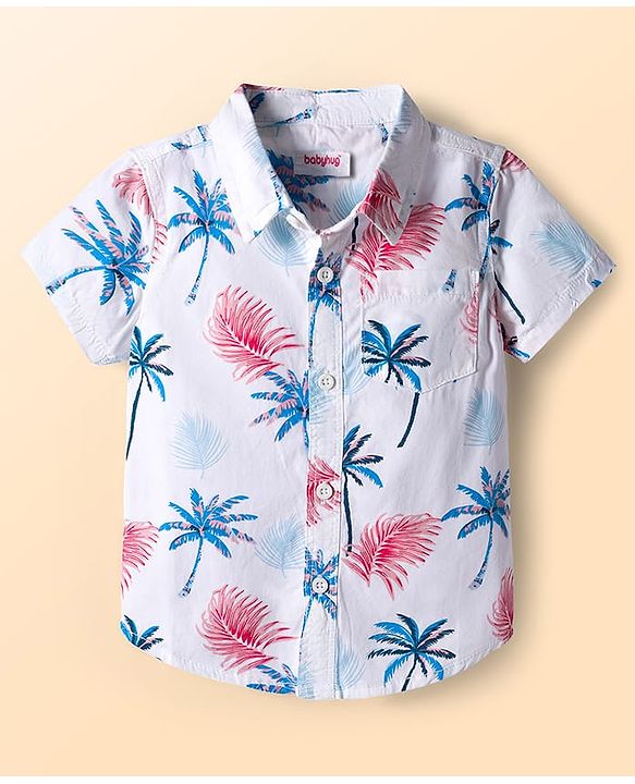 Babyhug Cotton Woven Half Sleeves Front-Open Shirt & Shorts Set with Floral Print - White & Blue