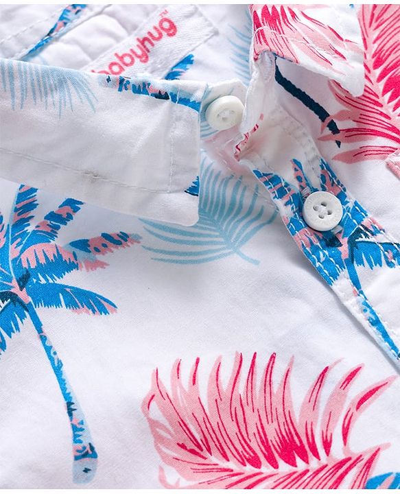 Babyhug Cotton Woven Half Sleeves Front-Open Shirt & Shorts Set with Floral Print - White & Blue