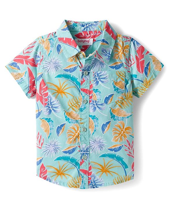 Babyhug Cotton Woven Half Sleeves Shirt and Shorts Set with Floral Print - Light Blue & Grey