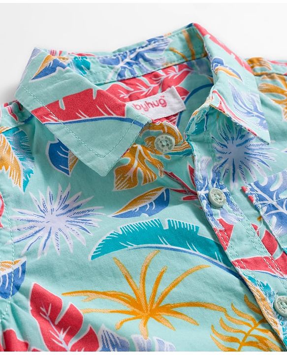Babyhug Cotton Woven Half Sleeves Shirt and Shorts Set with Floral Print - Light Blue & Grey