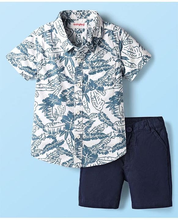 Babyhug 100% Cotton Woven Half Sleeves Leaves Printed Shirt & Shorts Set - Navy Blue & White
