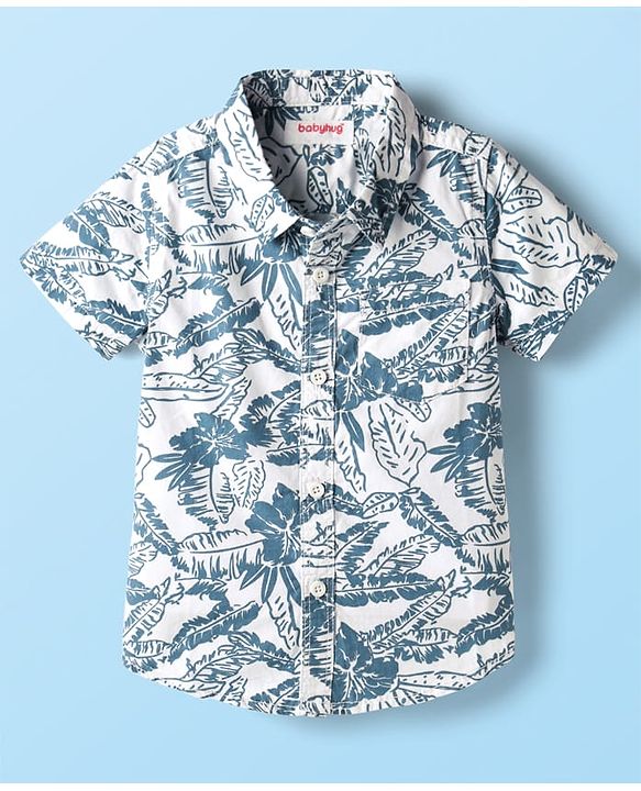 Babyhug 100% Cotton Woven Half Sleeves Leaves Printed Shirt & Shorts Set - Navy Blue & White