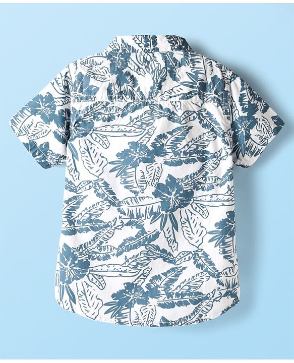 Babyhug 100% Cotton Woven Half Sleeves Leaves Printed Shirt & Shorts Set - Navy Blue & White