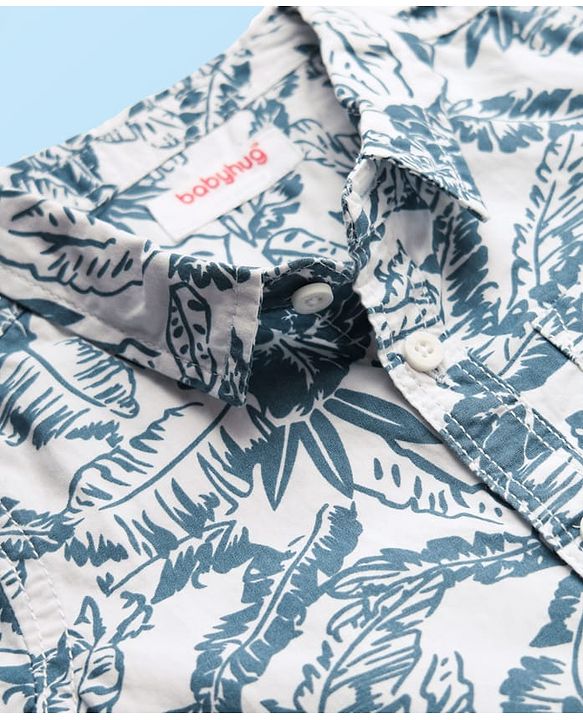Babyhug 100% Cotton Woven Half Sleeves Leaves Printed Shirt & Shorts Set - Navy Blue & White