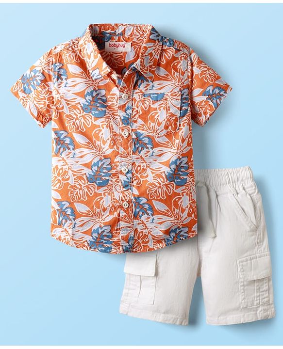 Babyhug Cotton Woven Half Sleeves Shirt & Shorts Set With Floral Print - Orange & White