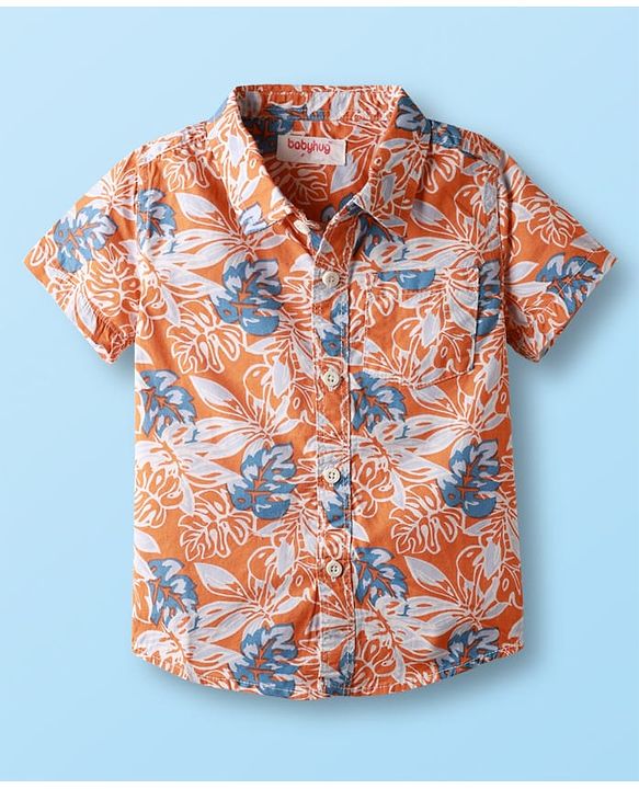 Babyhug Cotton Woven Half Sleeves Shirt & Shorts Set With Floral Print - Orange & White