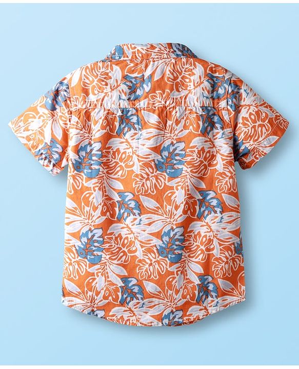 Babyhug Cotton Woven Half Sleeves Shirt & Shorts Set With Floral Print - Orange & White