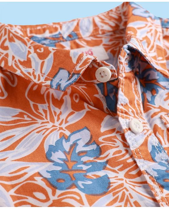 Babyhug Cotton Woven Half Sleeves Shirt & Shorts Set With Floral Print - Orange & White