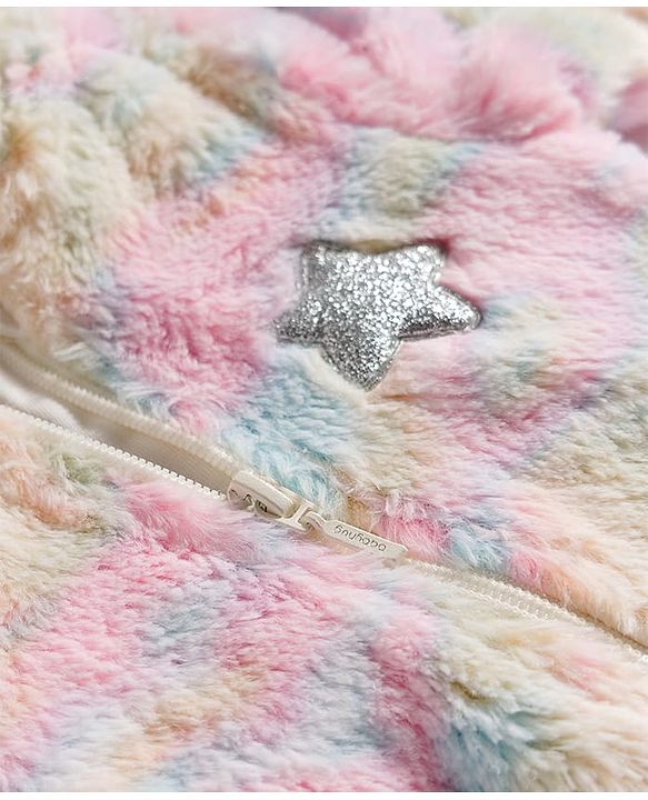 Babyhug Fur Knit Full Sleeves Front Open Footed Winter Wear Romper with Attached Gloves & Hoodie - Multicolor