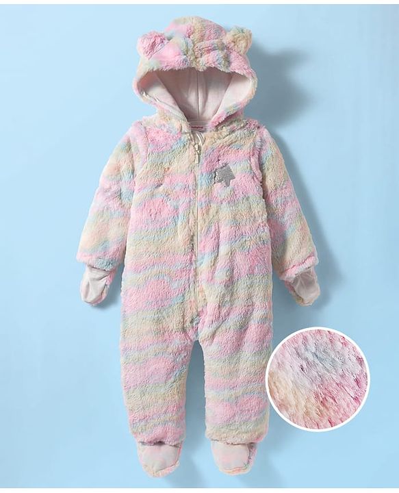 Babyhug Fur Knit Full Sleeves Front Open Footed Winter Wear Romper with Attached Gloves & Hoodie - Multicolor