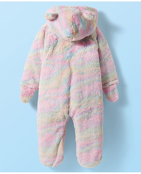 Babyhug Fur Knit Full Sleeves Front Open Footed Winter Wear Romper with Attached Gloves & Hoodie - Multicolor
