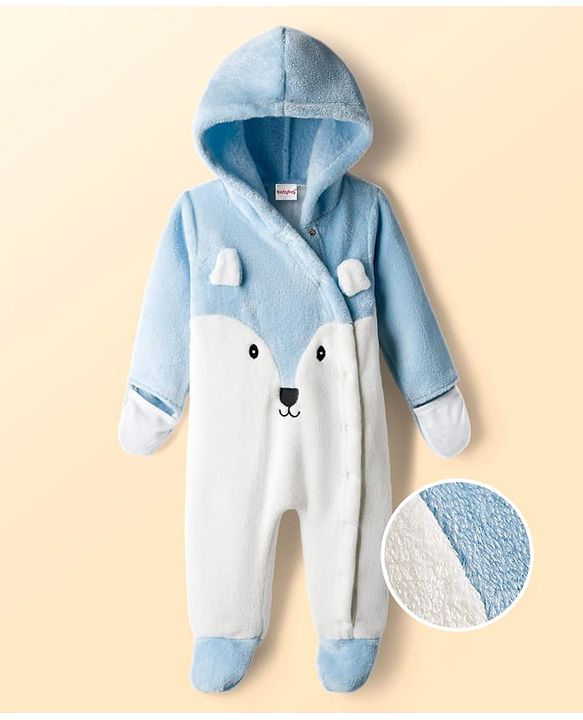 Babyhug Fur Knit Full Sleeves Hooded Front OpenWinter Wear Romper with Attached Mitten & Footed with Teddy Bear Print & Applique - White & Light Blue