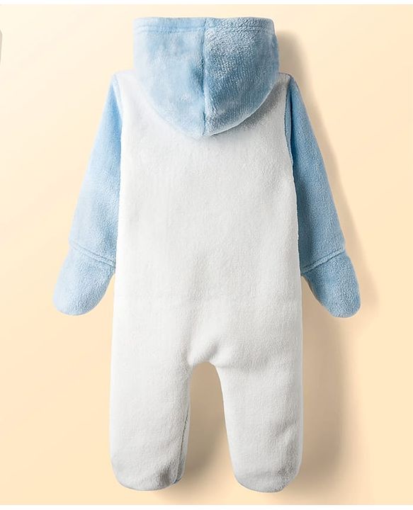 Babyhug Fur Knit Full Sleeves Hooded Front OpenWinter Wear Romper with Attached Mitten & Footed with Teddy Bear Print & Applique - White & Light Blue