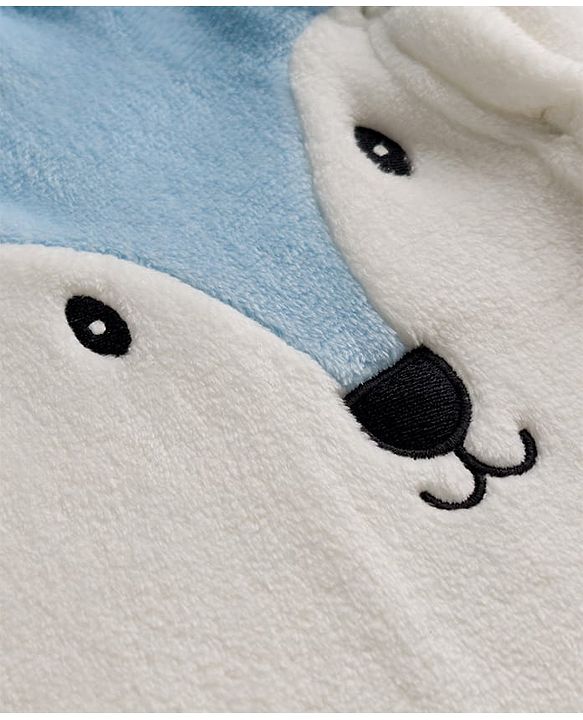 Babyhug Fur Knit Full Sleeves Hooded Front OpenWinter Wear Romper with Attached Mitten & Footed with Teddy Bear Print & Applique - White & Light Blue