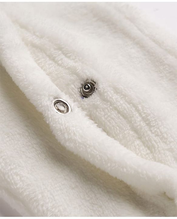 Babyhug Fur Knit Full Sleeves Hooded Front OpenWinter Wear Romper with Attached Mitten & Footed with Teddy Bear Print & Applique - White & Light Blue