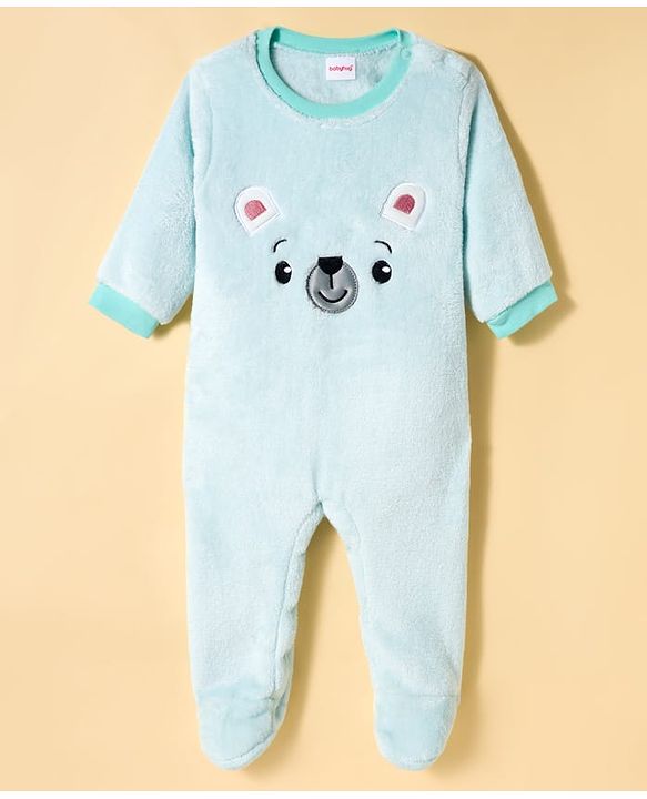 Babyhug Fur Knit Full Sleeves Winter Wear Footed Romper With Animal Embroidery - Light Blue