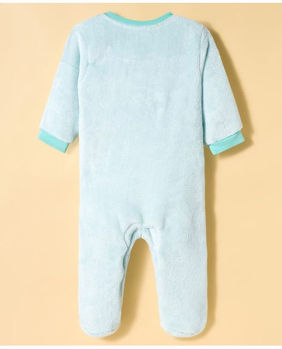 Babyhug Fur Knit Full Sleeves Winter Wear Footed Romper With Animal Embroidery - Light Blue