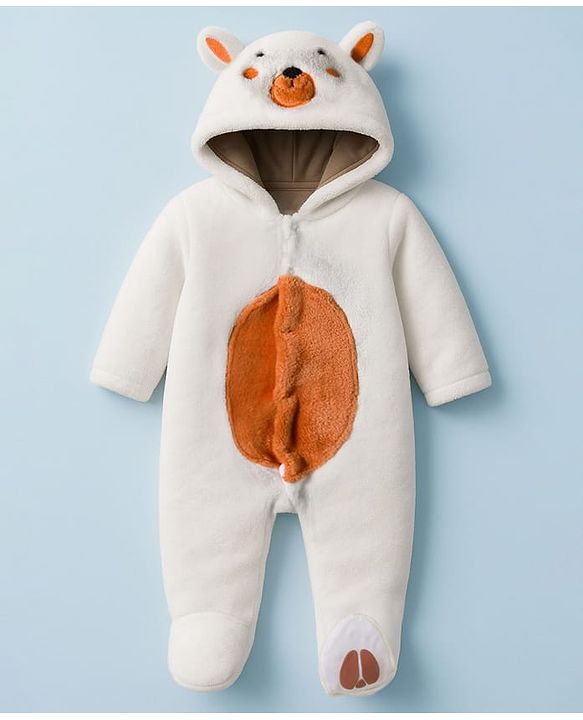 Babyhug Fur Knit Full Sleeves Winter Wear Hooded & Footed Romper With Animal Embroidery & Ear Applique - White