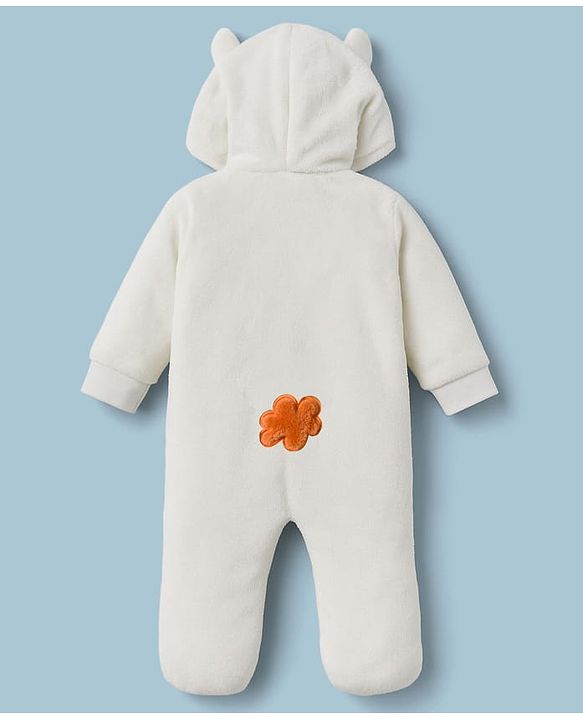 Babyhug Fur Knit Full Sleeves Winter Wear Hooded & Footed Romper With Animal Embroidery & Ear Applique - White