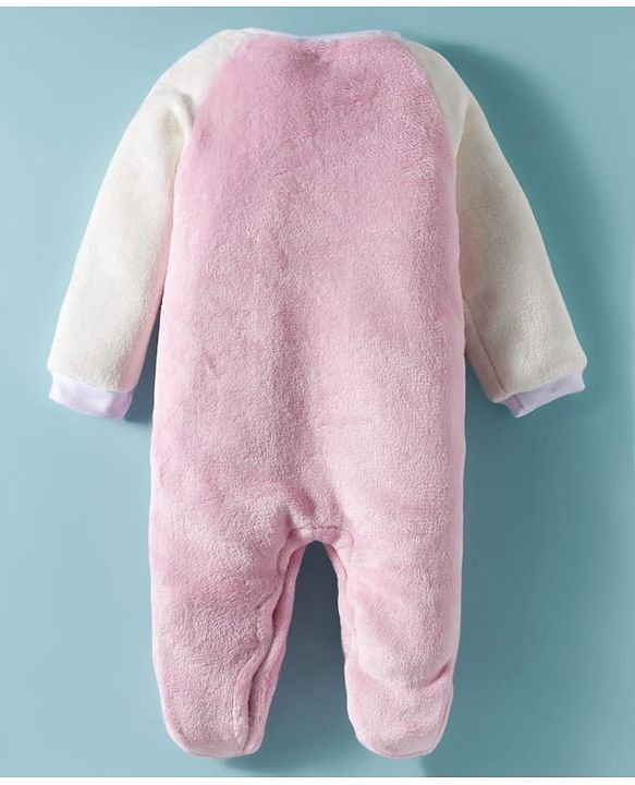 Babyhug Fur Knit Full Raglan Sleeves Winter Wear Footed Romper With Animal Embroidery & Kangaroo Pockets - Pink & White