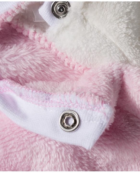 Babyhug Fur Knit Full Raglan Sleeves Winter Wear Footed Romper With Animal Embroidery & Kangaroo Pockets - Pink & White