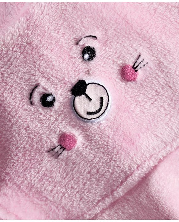 Babyhug Fur Knit Full Raglan Sleeves Winter Wear Footed Romper With Animal Embroidery & Kangaroo Pockets - Pink & White