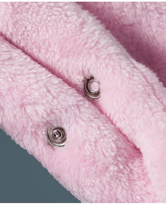 Babyhug Fur Knit Full Raglan Sleeves Winter Wear Footed Romper With Animal Embroidery & Kangaroo Pockets - Pink & White