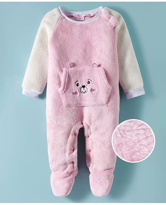 Babyhug Fur Knit Full Raglan Sleeves Winter Wear Footed Romper With Animal Embroidery & Kangaroo Pockets - Pink & White