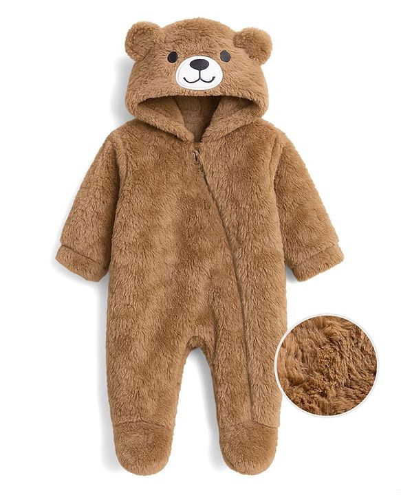 Babyhug Knit Full Sleeves Winter Wear Hooded Romper With Bear Applique - Brown