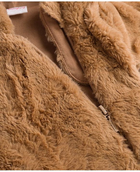 Babyhug Knit Full Sleeves Winter Wear Hooded Romper With Bear Applique - Brown