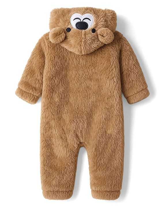 Babyhug Knit Full Sleeves Winter Wear Hooded Romper With Bear Applique - Brown
