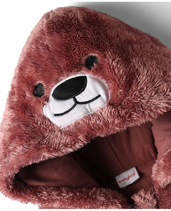 Babyhug Fur Knit Full Sleeves Front Open Winter Wear Romper with Teddy Face - Dark Pink