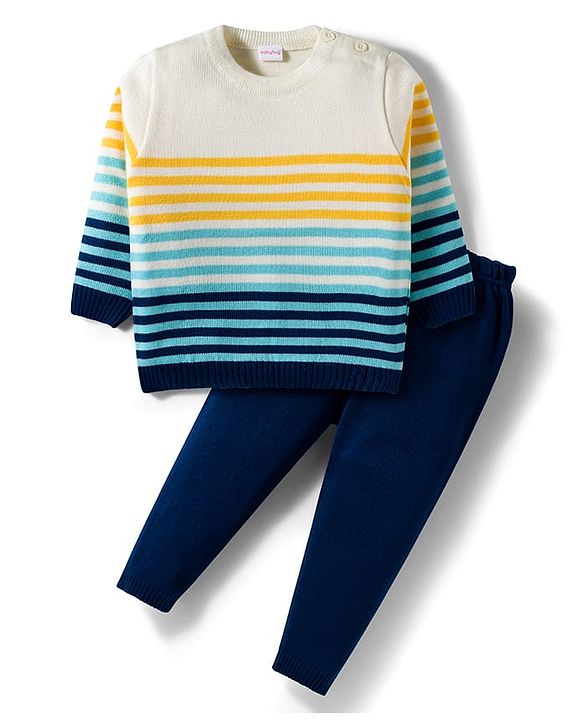 Babyhug Knit Full Sleeves Sweater Set With Stripes - Navy Blue & White