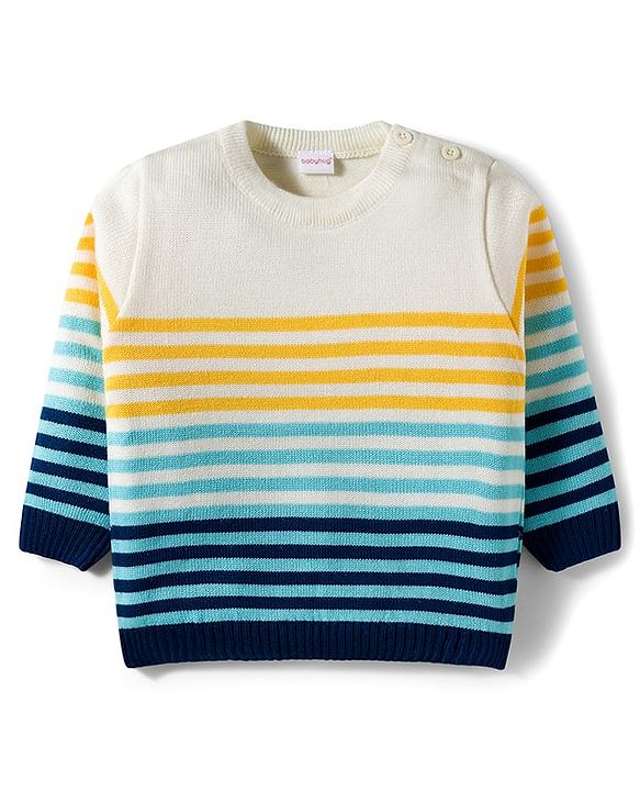 Babyhug Knit Full Sleeves Sweater Set With Stripes - Navy Blue & White