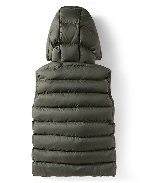 Babyhug Woven Sleeveless Hooded Padded Jacket With Play Time Patch - Olive Green