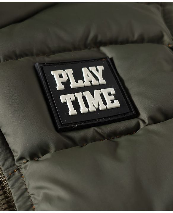 Babyhug Woven Sleeveless Hooded Padded Jacket With Play Time Patch - Olive Green