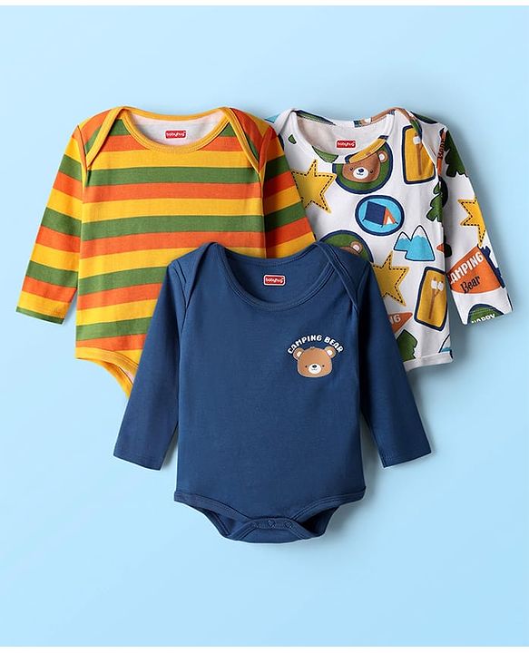 Babyhug 100% Cotton Interlock Knit Full Sleeves Onesies with Stripe Design & Animal Print Pack of 3 - Navy Blue White & Orange