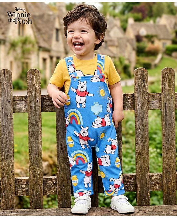 Babyhug Single Jersey Woven Dungaree with Full Sleeves T- Shirt Text Printed - Orange & Navy Blue main image 0