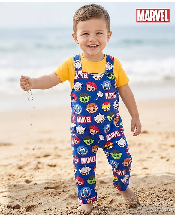 Babyhug Marvel Single Jersey Knit Half Sleeve Tee & Dungaree Set with Avengers Print - Yellow & Blue