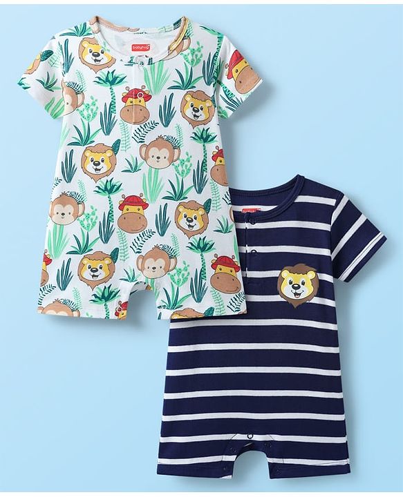 Babyhug 100% Cotton Knit Half Sleeves Rompers With Stripes & Animal Print Pack of 2 - Navy Blue & White