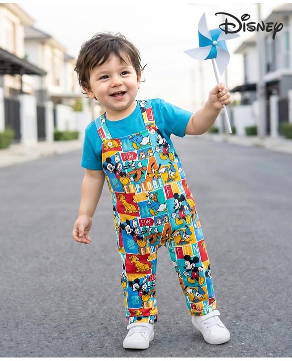 Babyhug Disney Single Jersey Knit Dungaree & Half Sleeves T-Shirt With Mickey Mouse Family Print - Blue