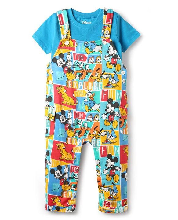 Babyhug Disney Single Jersey Knit Dungaree & Half Sleeves T-Shirt With Mickey Mouse Family Print - Blue