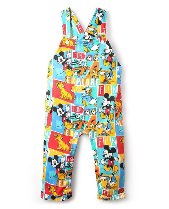 Babyhug Disney Single Jersey Knit Dungaree & Half Sleeves T-Shirt With Mickey Mouse Family Print - Blue
