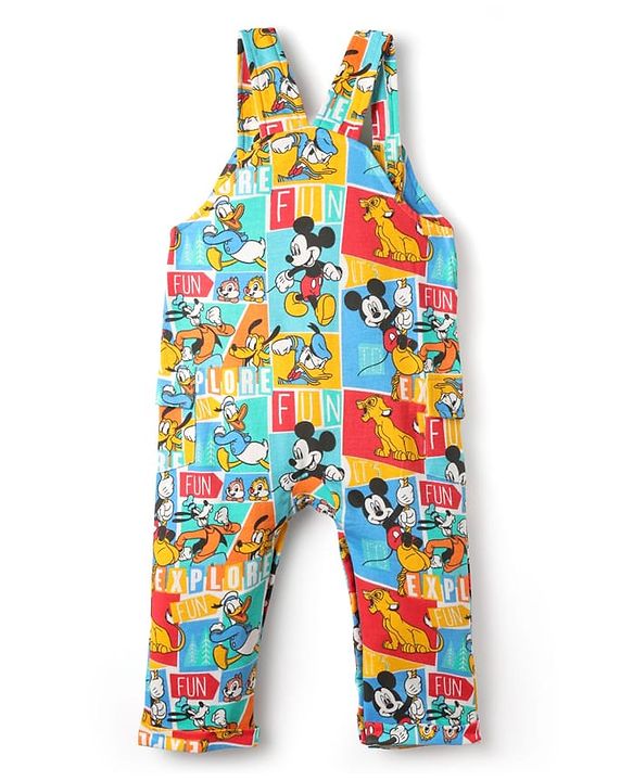 Babyhug Disney Single Jersey Knit Dungaree & Half Sleeves T-Shirt With Mickey Mouse Family Print - Blue