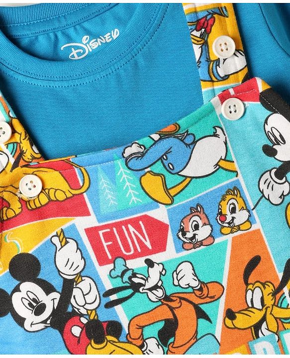 Babyhug Disney Single Jersey Knit Dungaree & Half Sleeves T-Shirt With Mickey Mouse Family Print - Blue