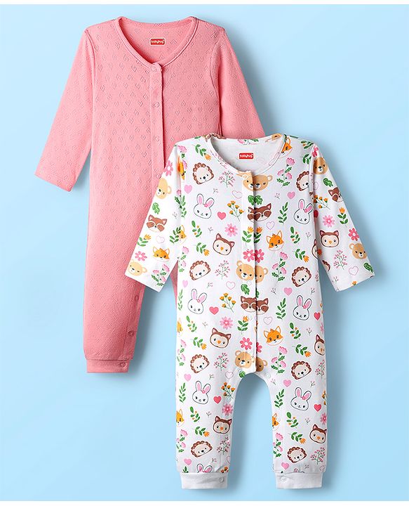 Babyhug 100% Cotton Knit Full Sleeves Solid Colour Frill Detailing Top With Floral Print  Pant Set - Pink & Navy Blue main image 1